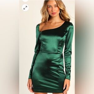 Flirty Features Emerald Green Satin Asymmetrical Mini Dress